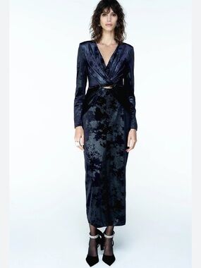 Zara Navy Sequin Velvet Midi Skirt